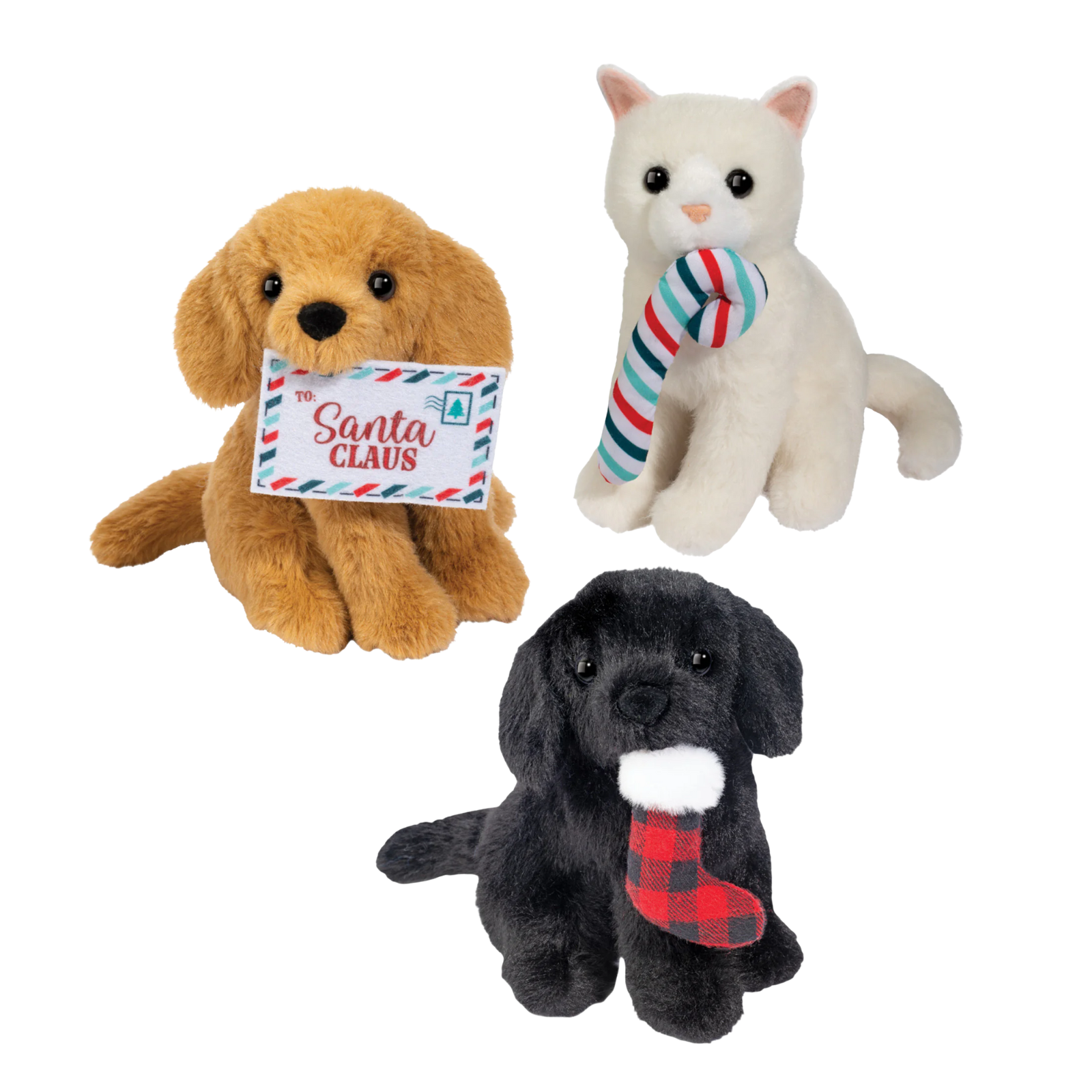 Three plush toys: a brown dog, a white cat, and a black dog on a white background.