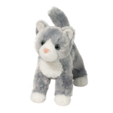Plush toy cat with gray and white fur on a white background