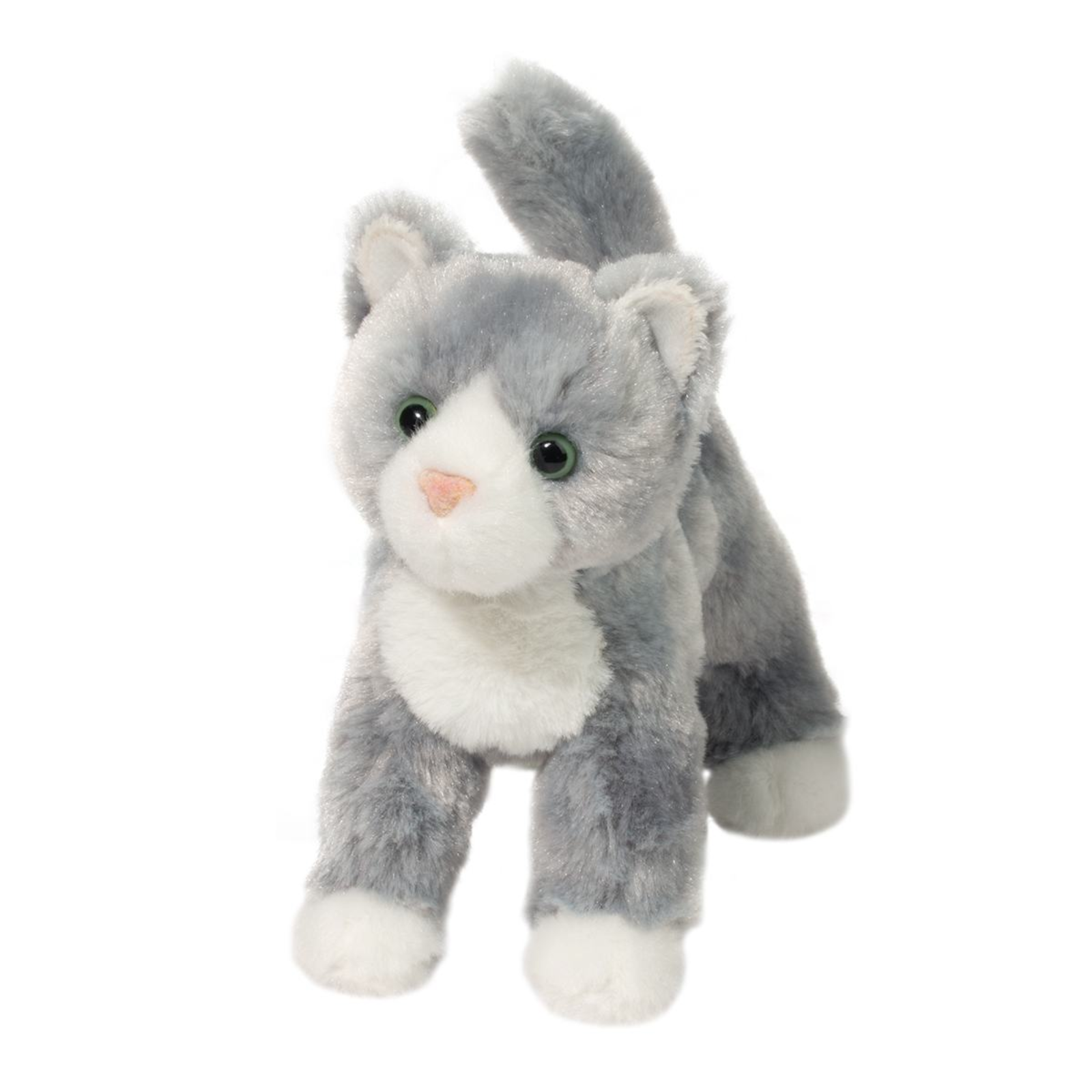 Plush toy cat with gray and white fur on a white background