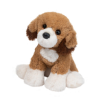 Plush dog toy with brown and white fur on a white background