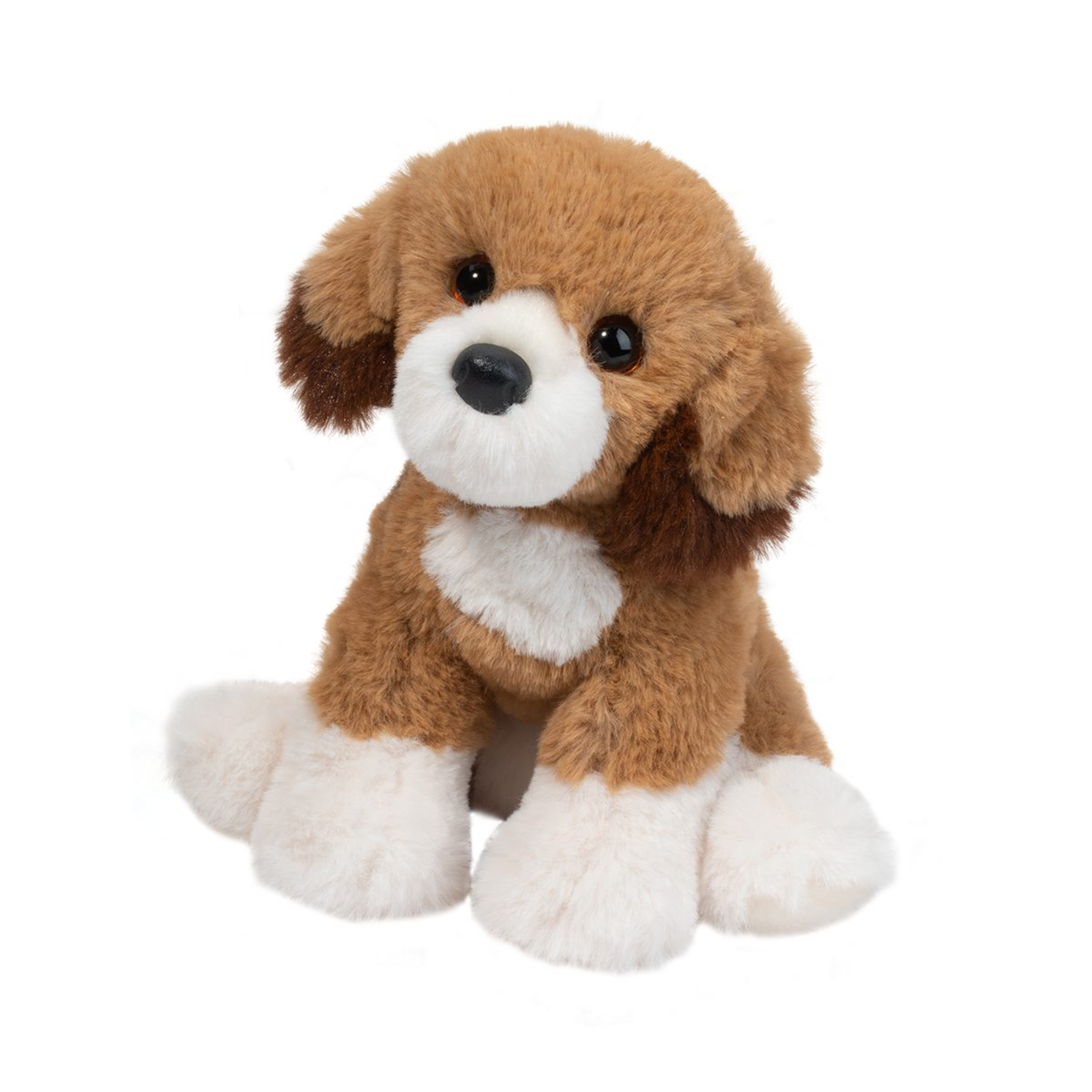 Plush dog toy with brown and white fur on a white background