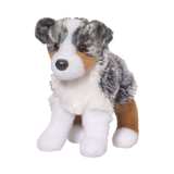 Plush toy dog with gray, white, and brown fur on a white background