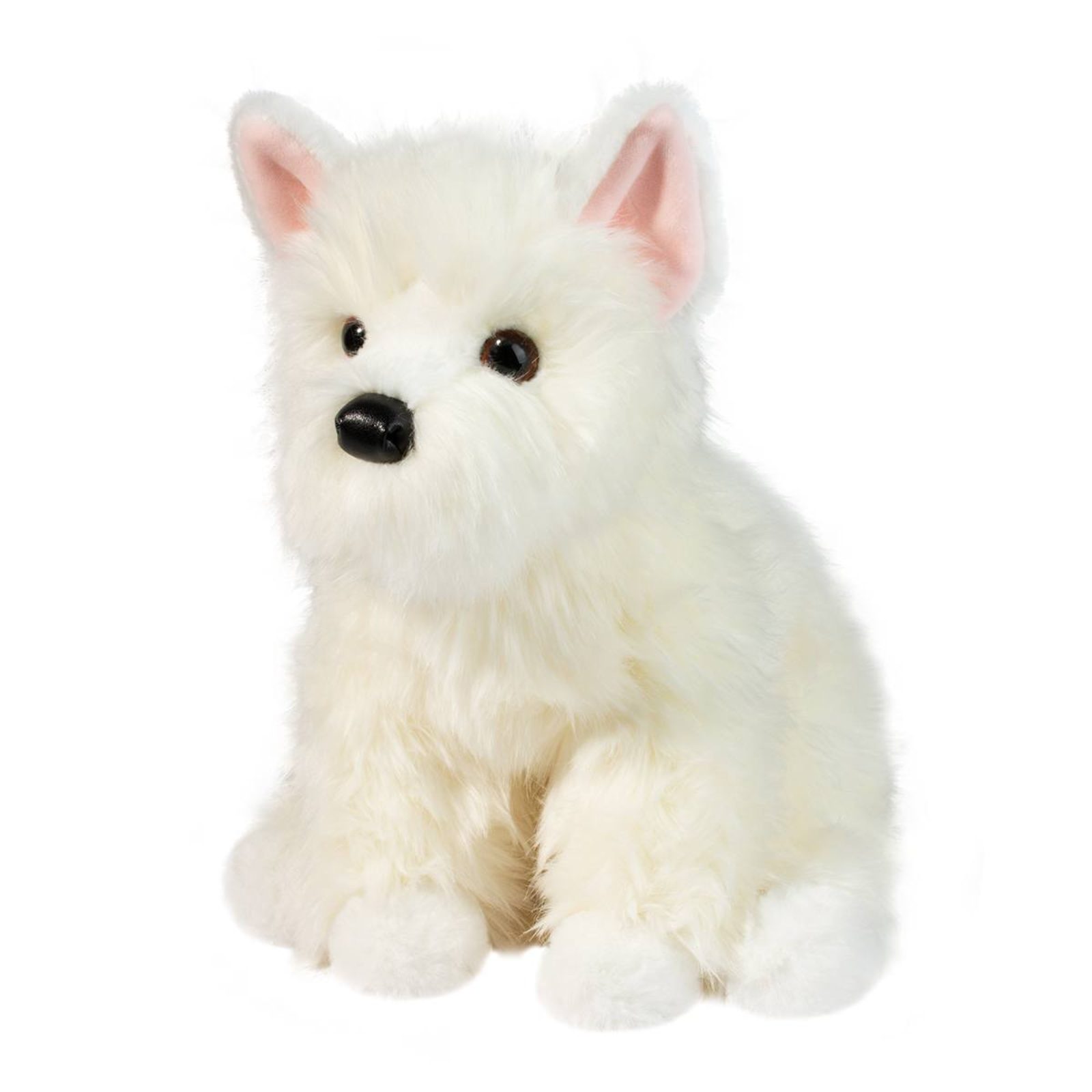 Plush toy of a white dog on a white background