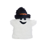 A white plush ghost hand puppet with a black embroidered smiley face and a black fuzzy witch hat with a small orange and green patterned band, shown on a plain white background.