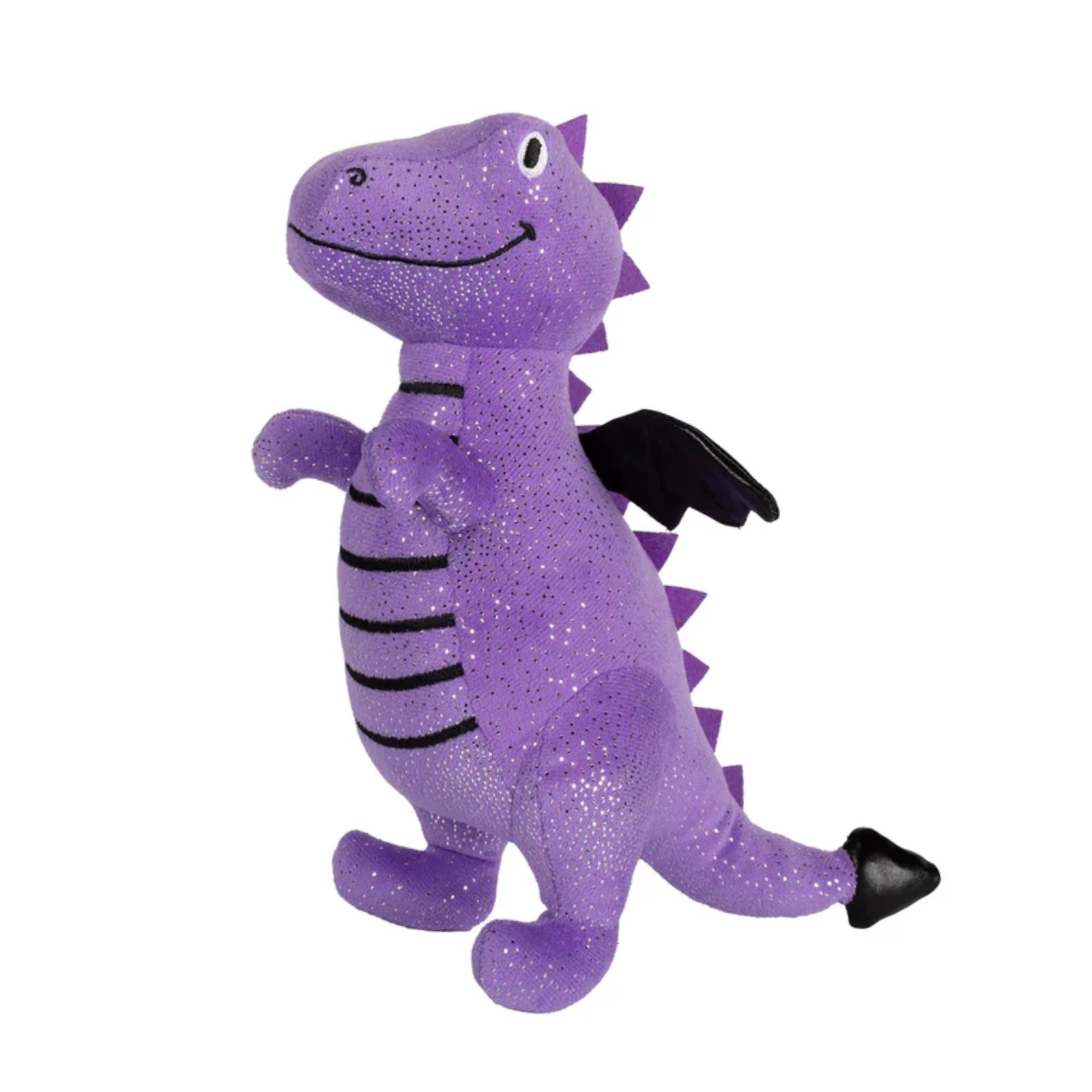 A purple glittery dinosaur plush toy with black wings, black stripes on its belly, and black-tipped hooves, shown against a plain white background.
