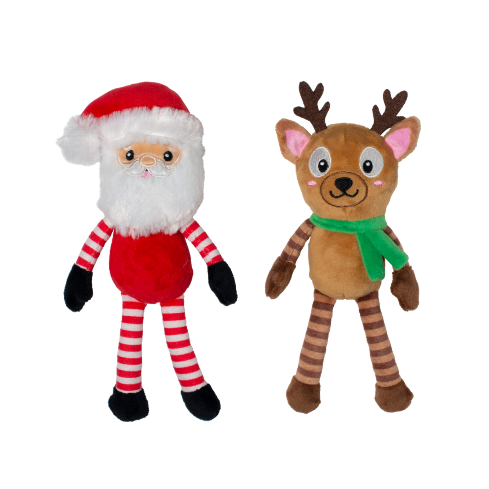 Plush toys of Santa Claus and a reindeer on a white background