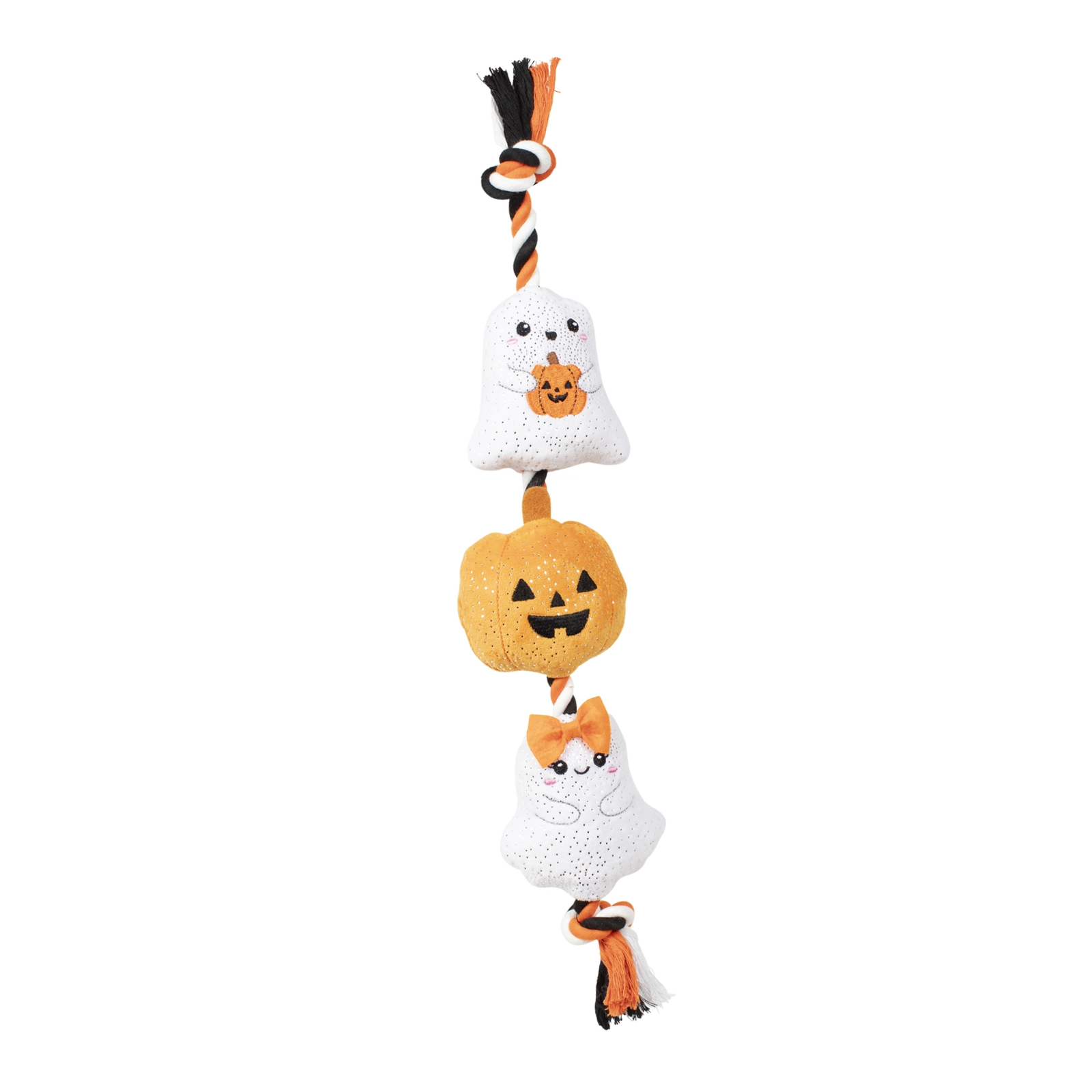 A vertical Halloween hanging decoration with three stacked ghost and pumpkin figures in white and orange, attached to an orange-and-black twisted string with a tassel, shown on a plain white background.