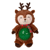 Plush toy reindeer with a green spiky ball on a white background