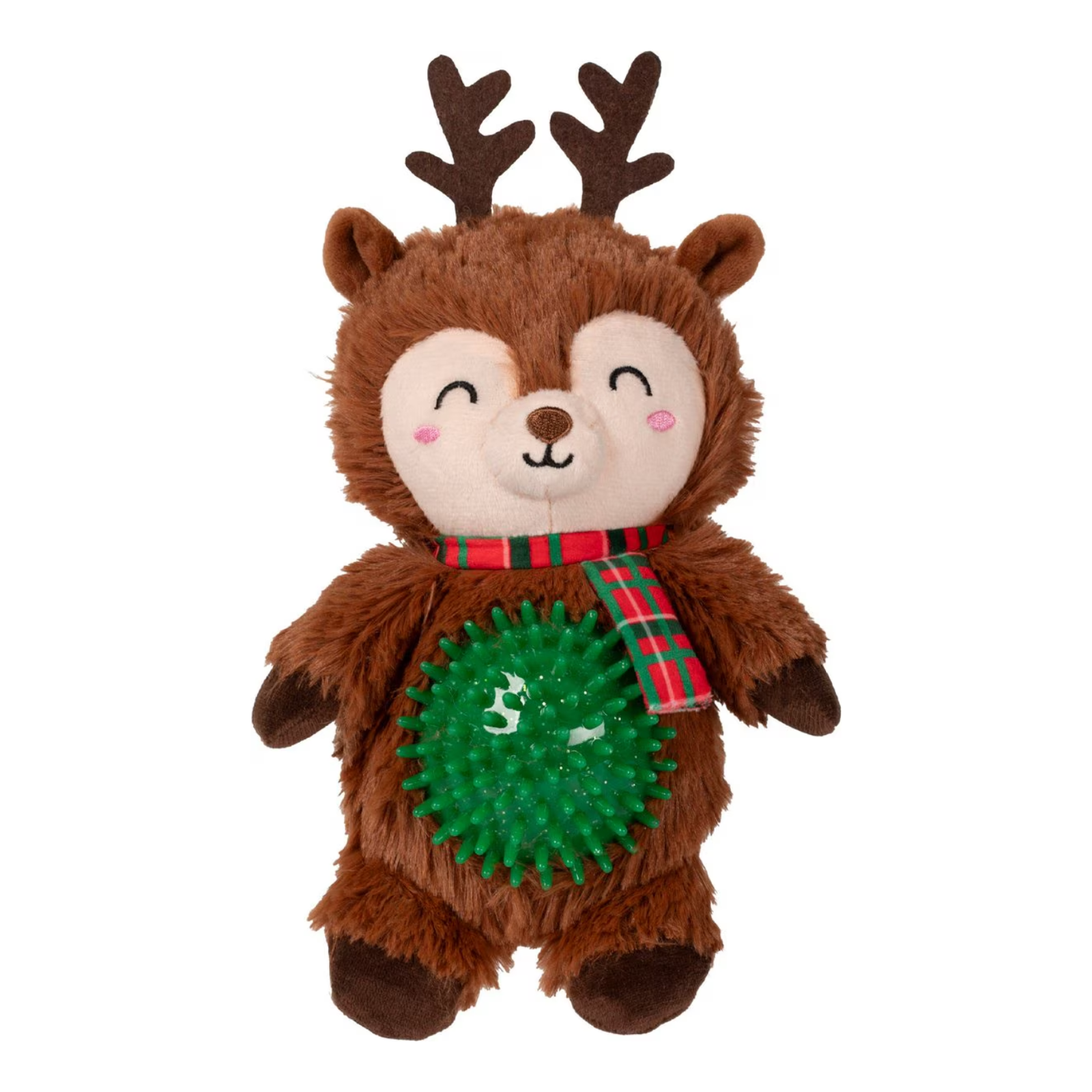 Plush toy reindeer with a green spiky ball on a white background