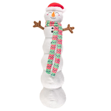 Snowman-shaped plush toy with a striped scarf on a white background