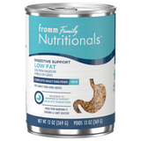 A 13 oz can of Fromm Family Nutritionals Digestive Support Low Fat dog food, featuring a white and teal label with a graphic of a dog's digestive tract.