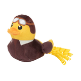 Plush toy duck wearing a pilot helmet and goggles on a white background