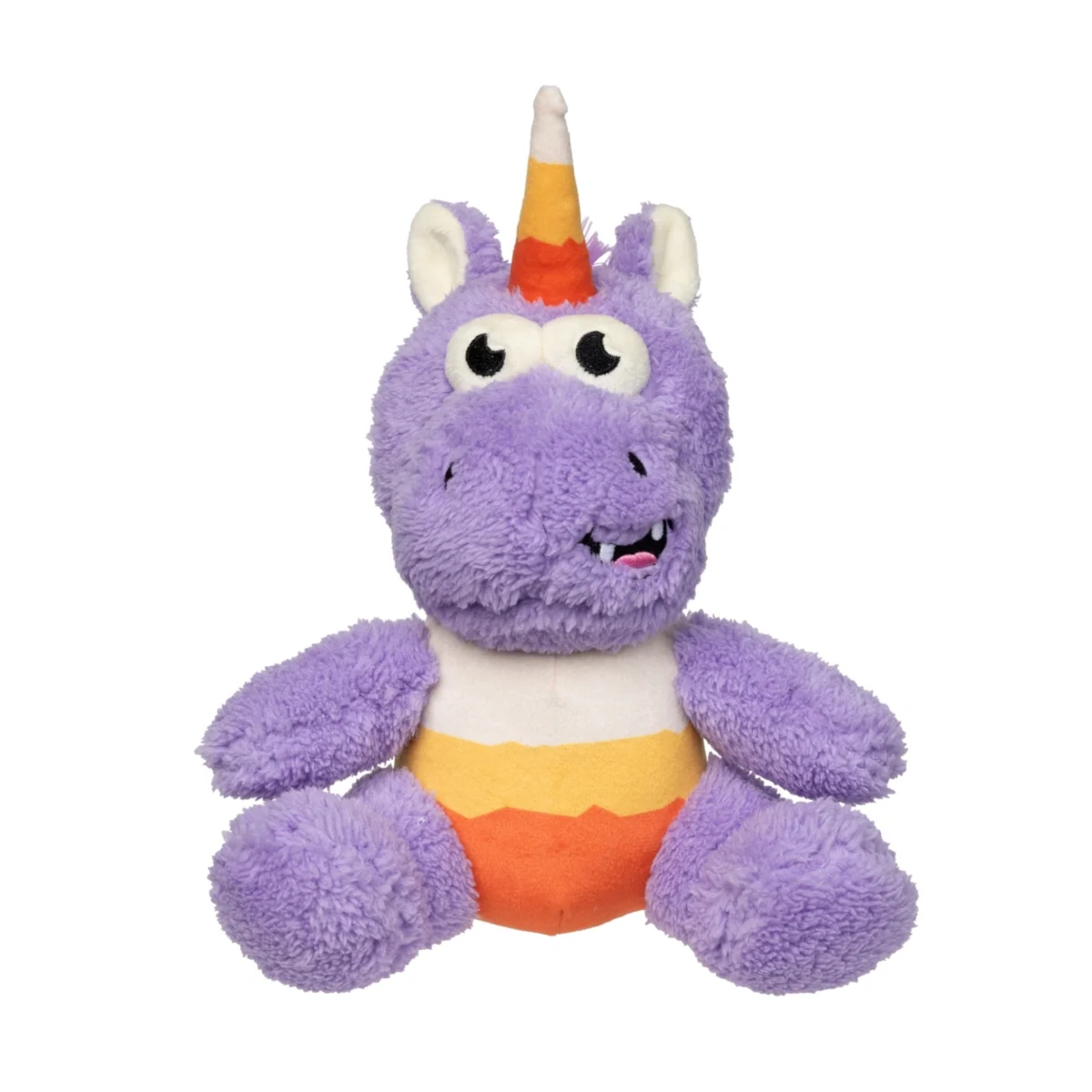A purple plush unicorn toy with a horn colored like a candy corn, featuring a white, yellow, and orange striped belly, set against a plain white background.
