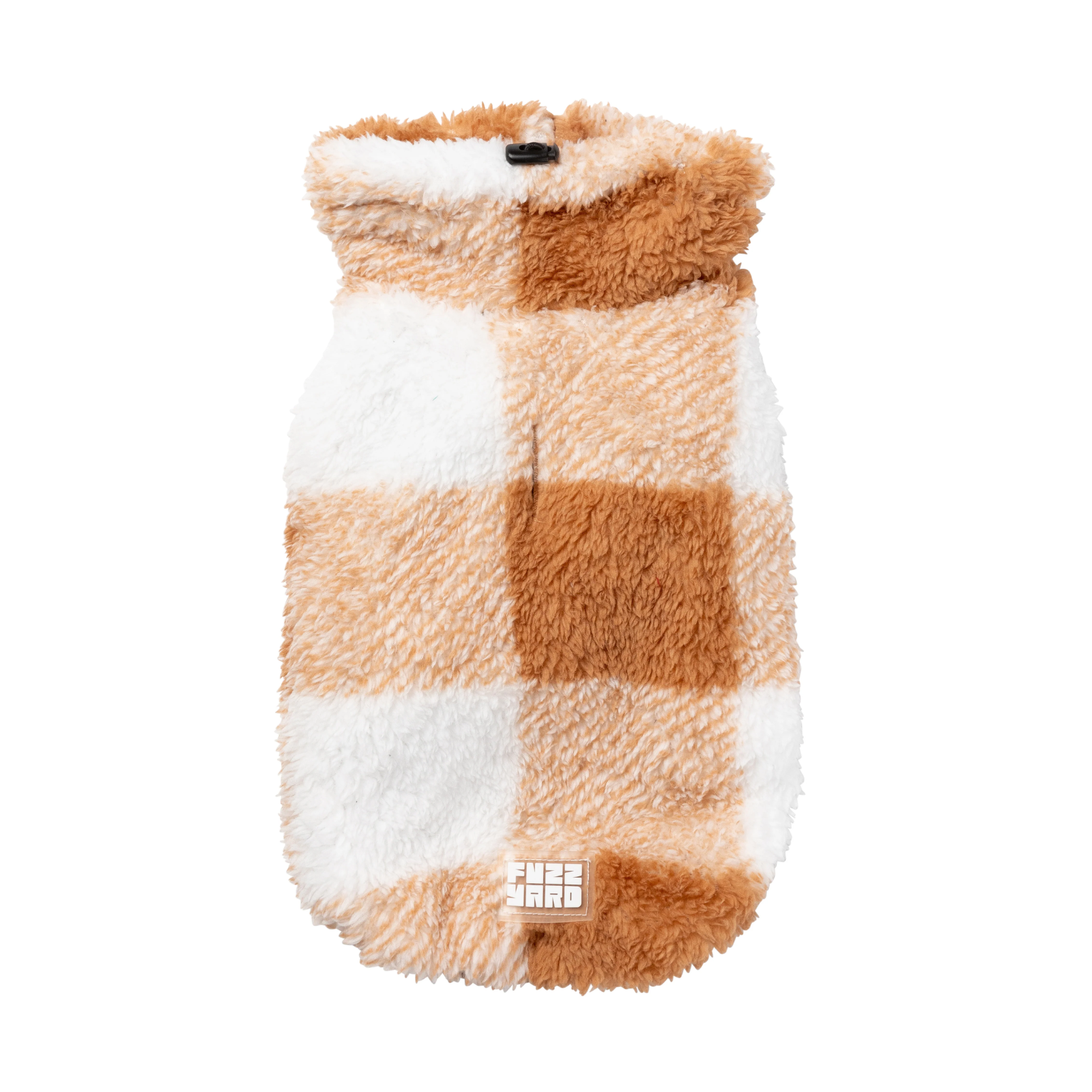 Plush checkered dog coat with a brand logo on a white background