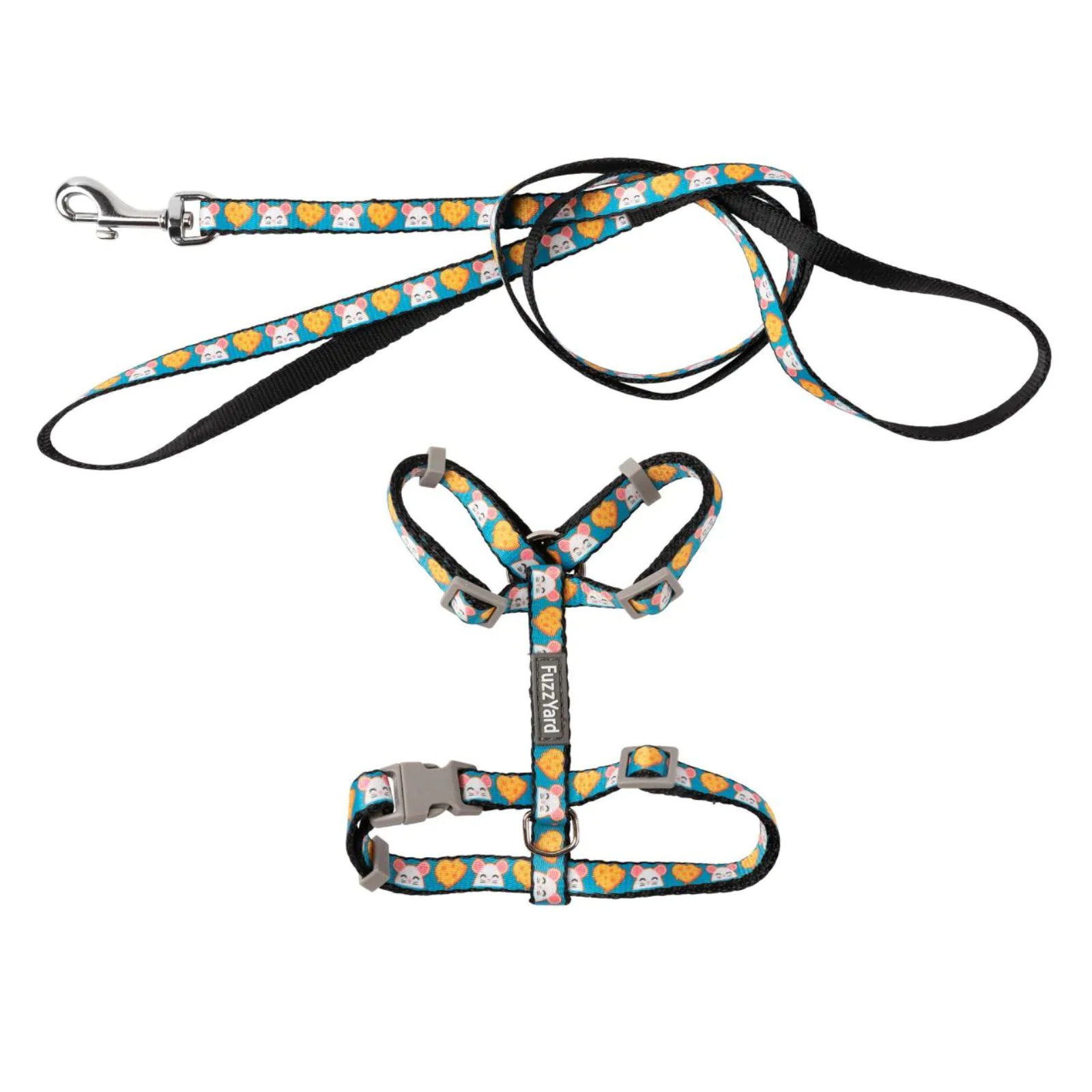 Dog leash and harness set with colorful pattern on a white background
