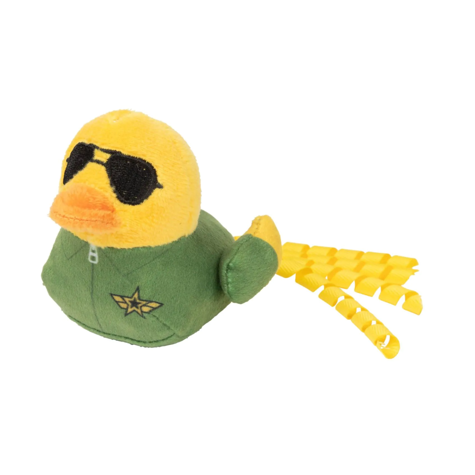Plush duck toy with a green jacket and yellow accents on a white background
