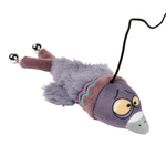 Plush toy resembling a mouse with googly eyes and a string on a white background