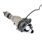 Plush toy raccoon with a black cord on a white background
