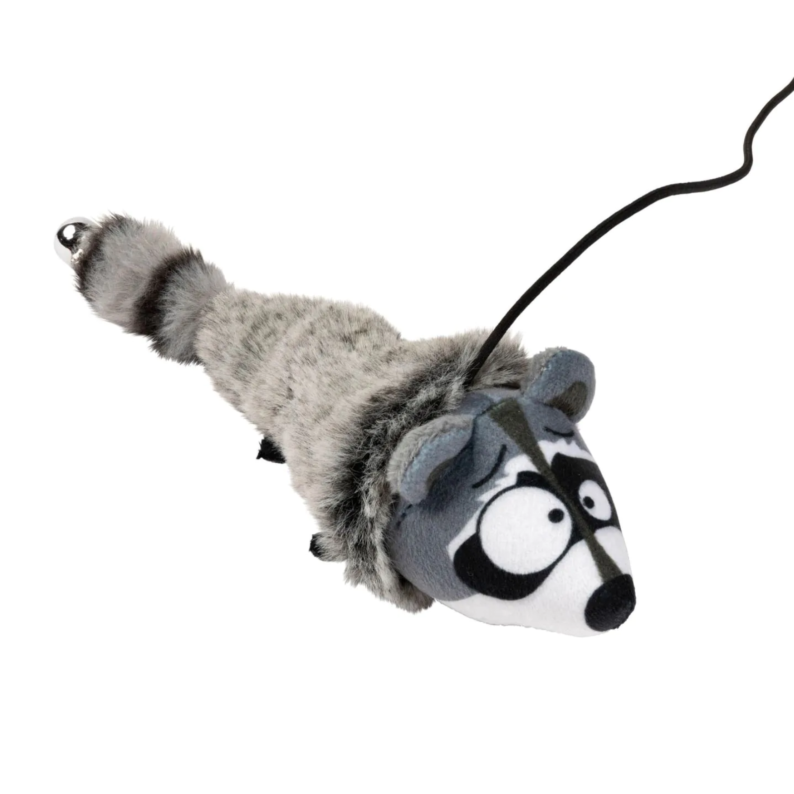 Plush toy raccoon with a black cord on a white background