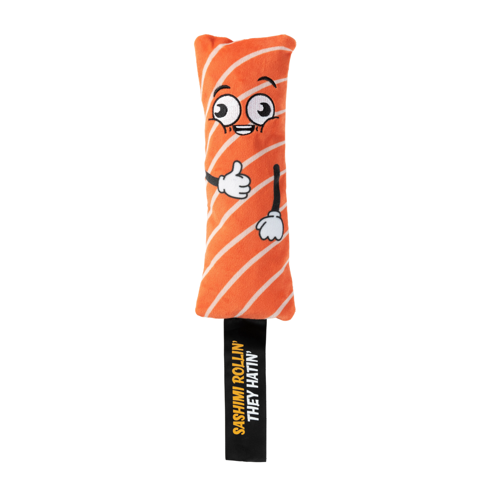 An orange plush toy or pillow designed to look like a slice of salmon with white stripes and a cartoon face, featuring a black tag at the bottom with yellow text reading 'SASHIMI ROLLIN' THEY HATIN''.