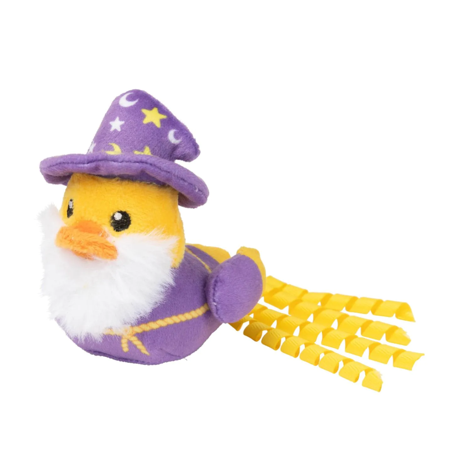 Plush toy duck wearing a purple witch hat and cape on a white background