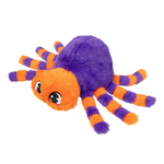 A plush spider toy with a fuzzy purple body and orange-and-purple striped legs, shown on a plain white background.