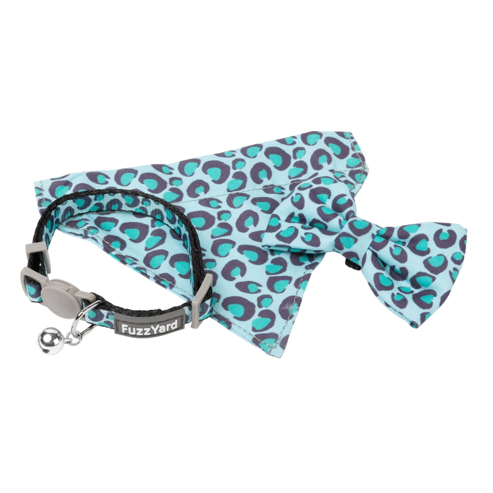 Dog bow tie and leash set with blue and purple cheetah pattern on a white background