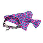 Dog bow tie and leash set with pink and blue pattern on a white background