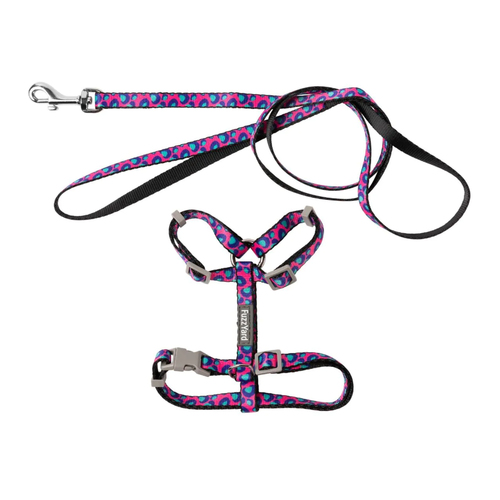 Dog harness and leash set with pink and purple pattern on a white background