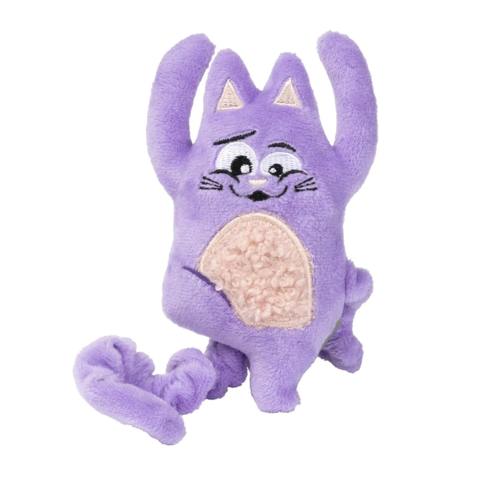 Purple plush toy with cartoon face on a white background