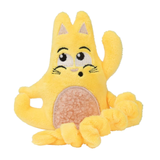 Yellow plush toy with cat-like features on a white background