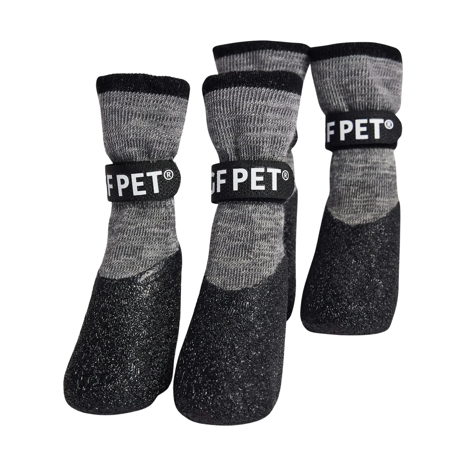 Set of gray pet socks with black soles and FPET branding on a light gray background