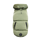 Green puffer dog coat on a white background