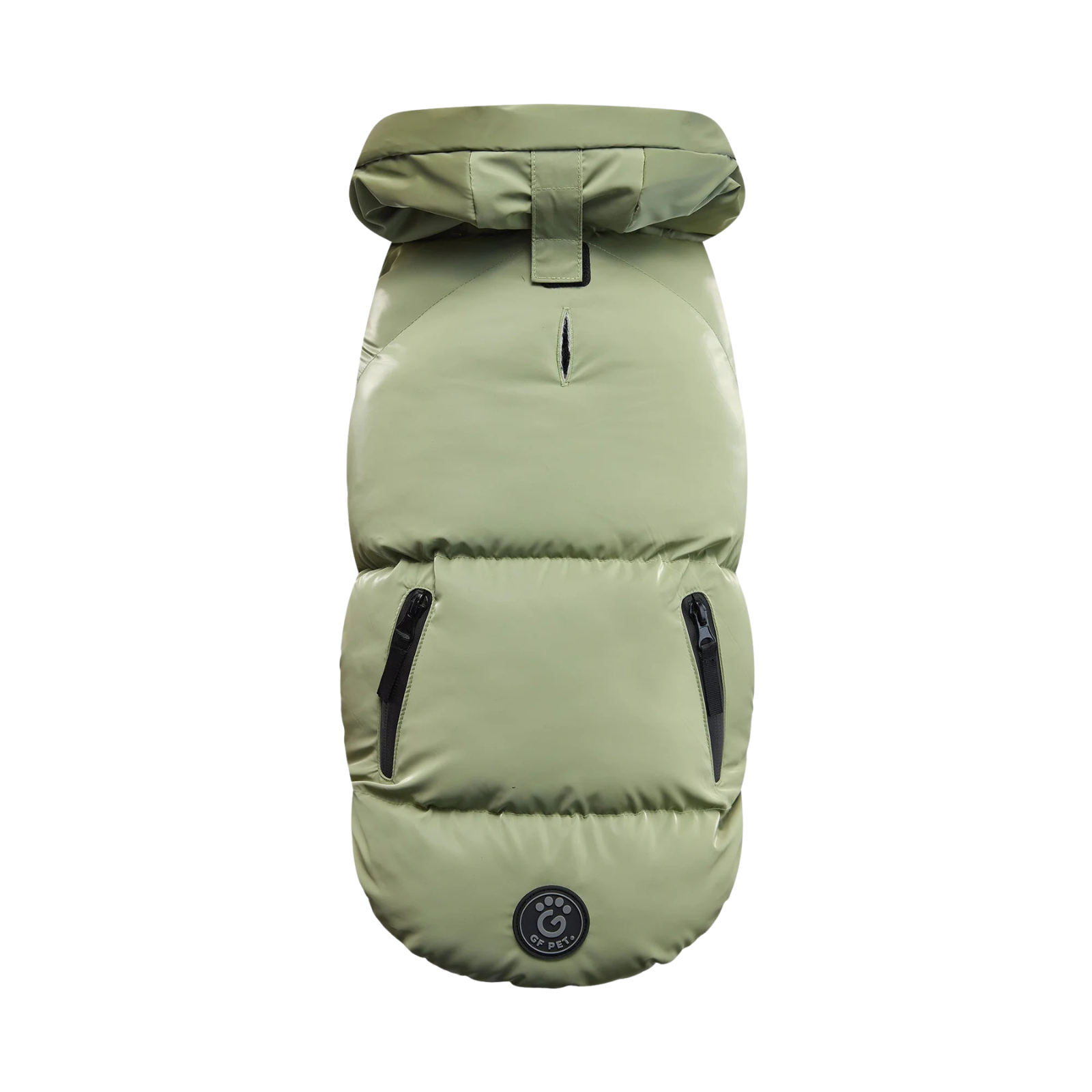Green puffer dog coat on a white background