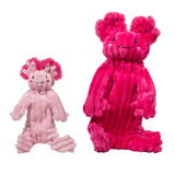Two pink plush toys with a textured surface on a white background