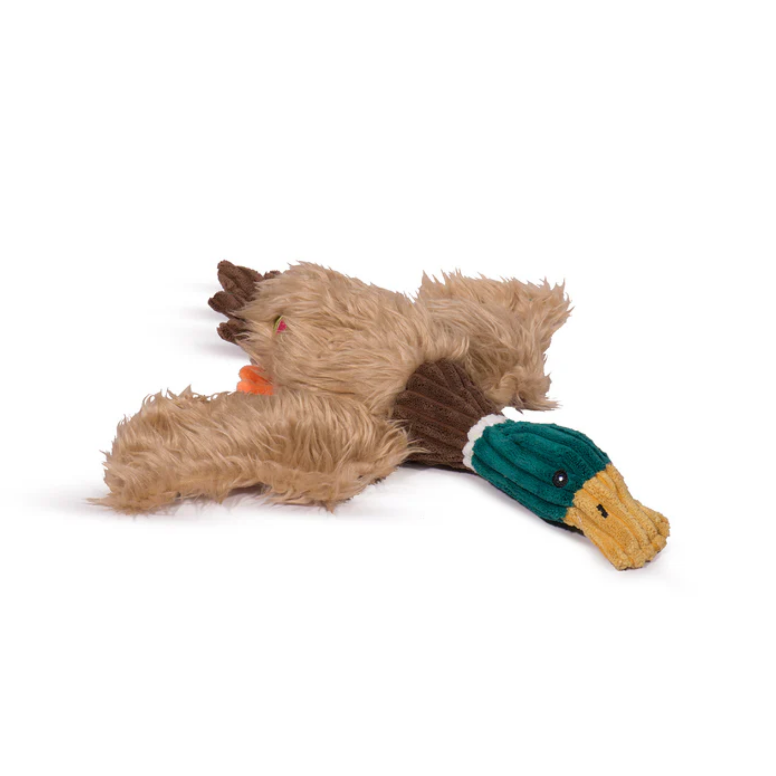 Plush duck toy with a green head on a white background