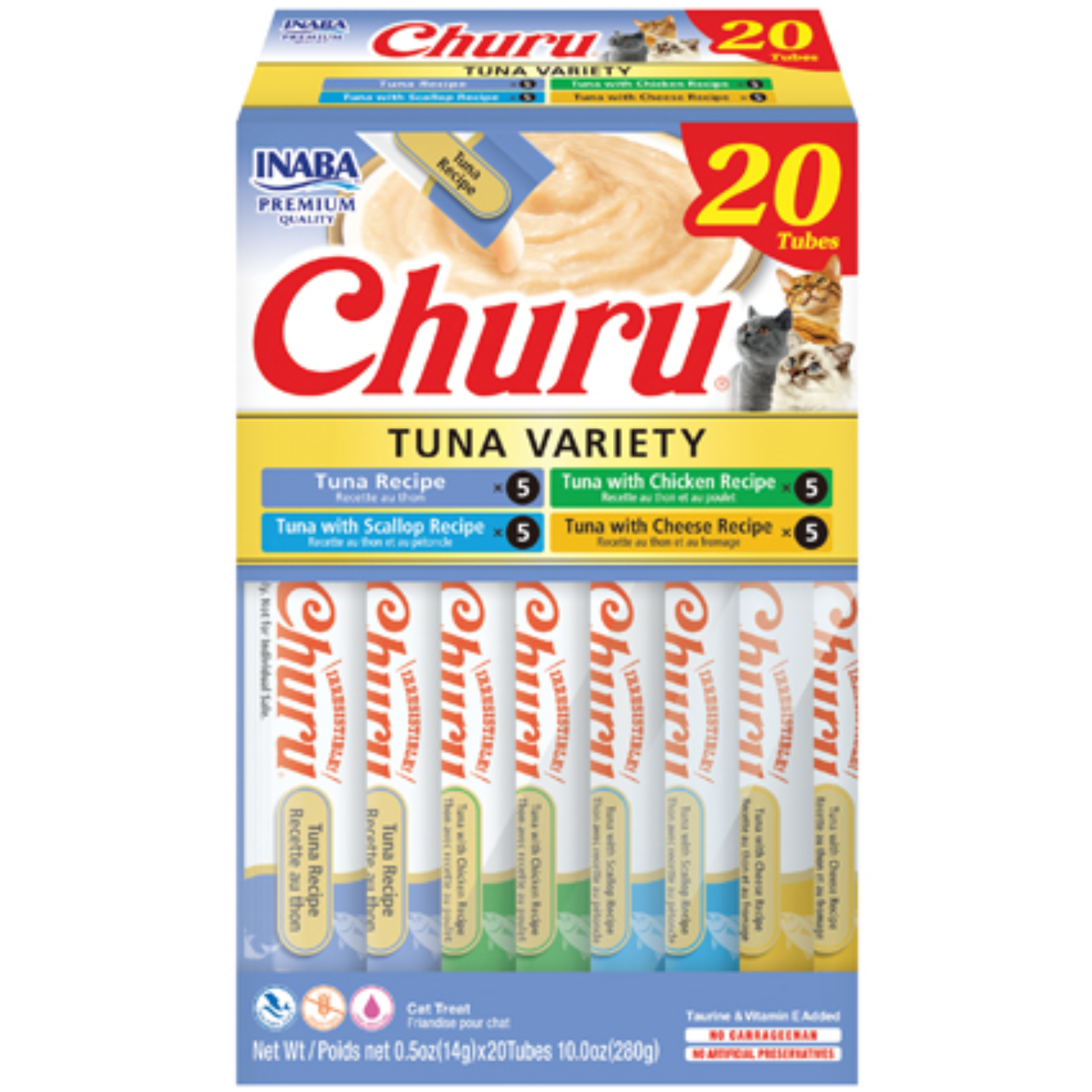 A box of Inaba Churu Premium Quality Tuna Variety cat treats, showing 20 tubes of wet cat food in a colorful retail package with illustrations of tuna and cats.