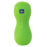 Green dog toy with a blue and yellow logo on a white background