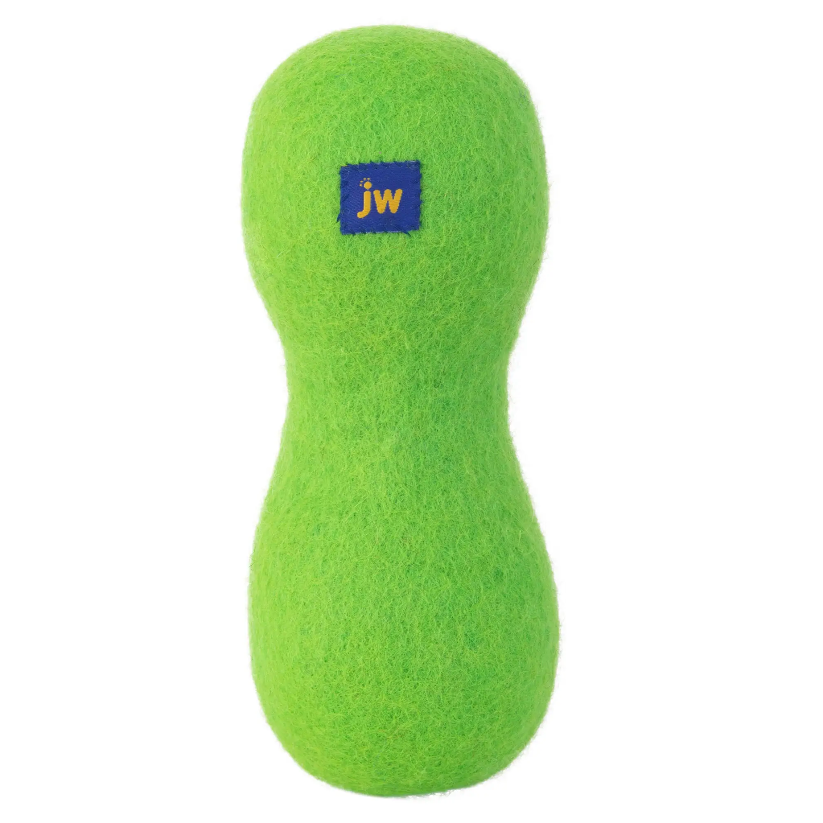 Green dog toy with a blue and yellow logo on a white background
