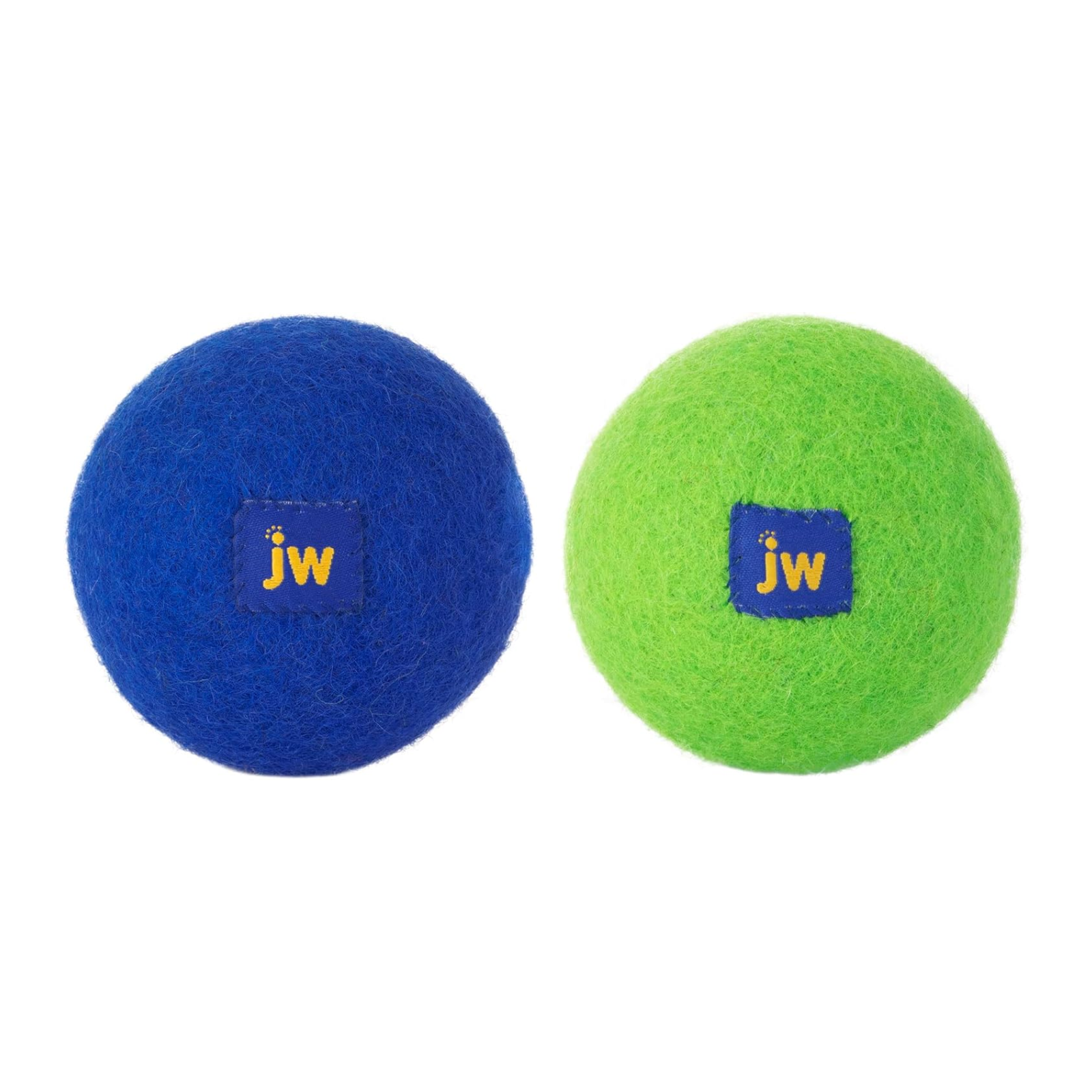 Two tennis balls, one blue and one green, with JW logo on a white background