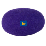 Purple felt ball with a blue label featuring 'JW' logo on a white background