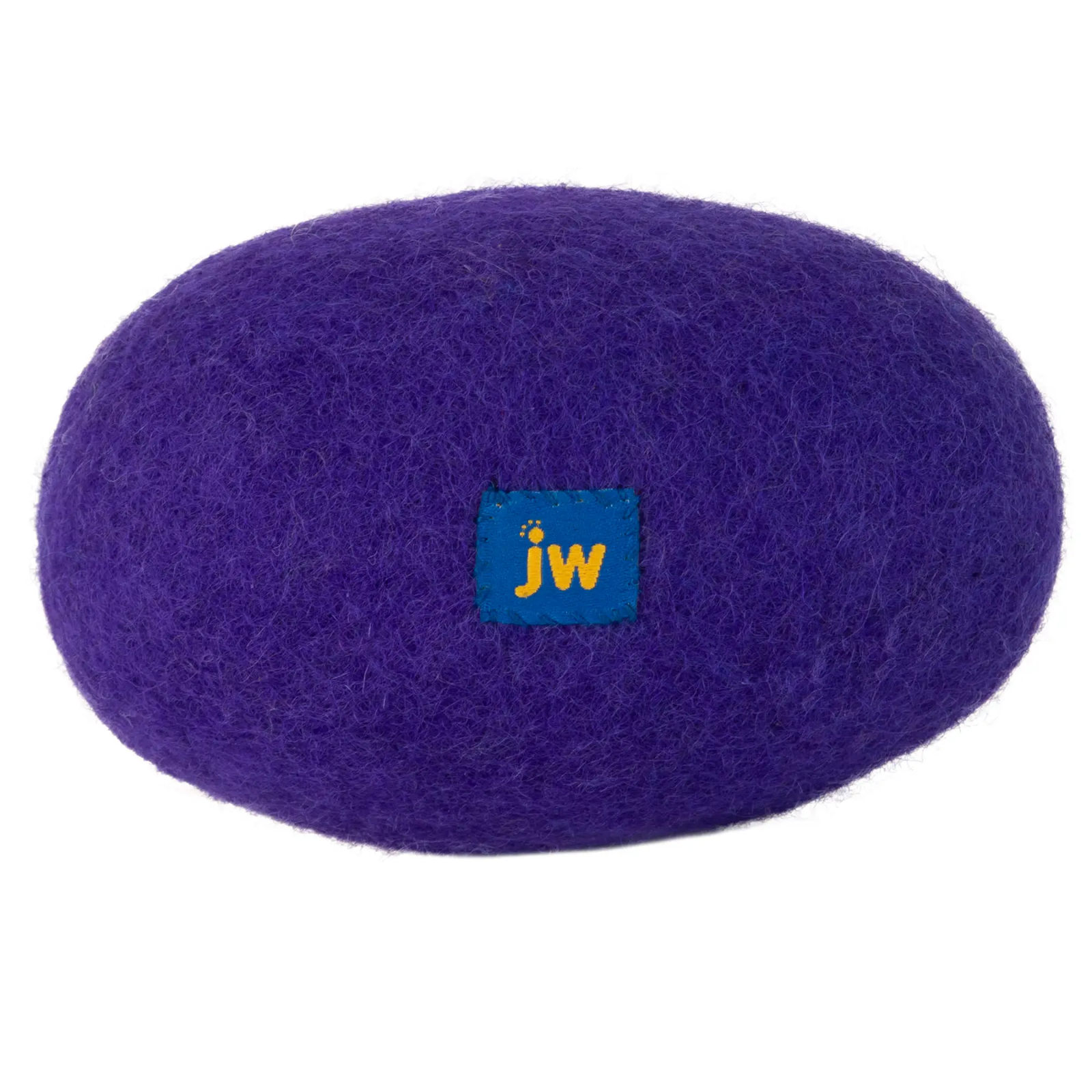 Purple felt ball with a blue label featuring 'JW' logo on a white background