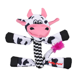 Cow-themed dog toy with black and white pattern and pink accents on a white background