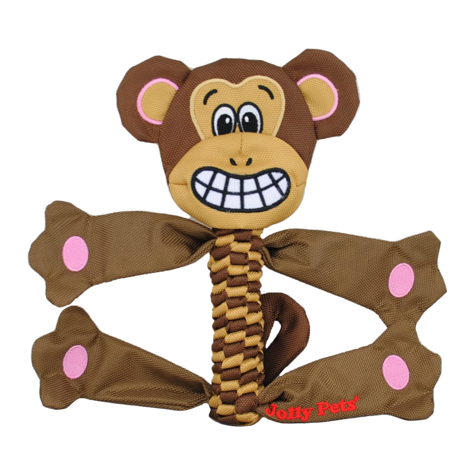 Toy monkey with a smiling face and pink cheeks on a white background, featuring the brand 'Jolly Pets'.
