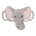Plush elephant toy with pink ears and a rope on a white background