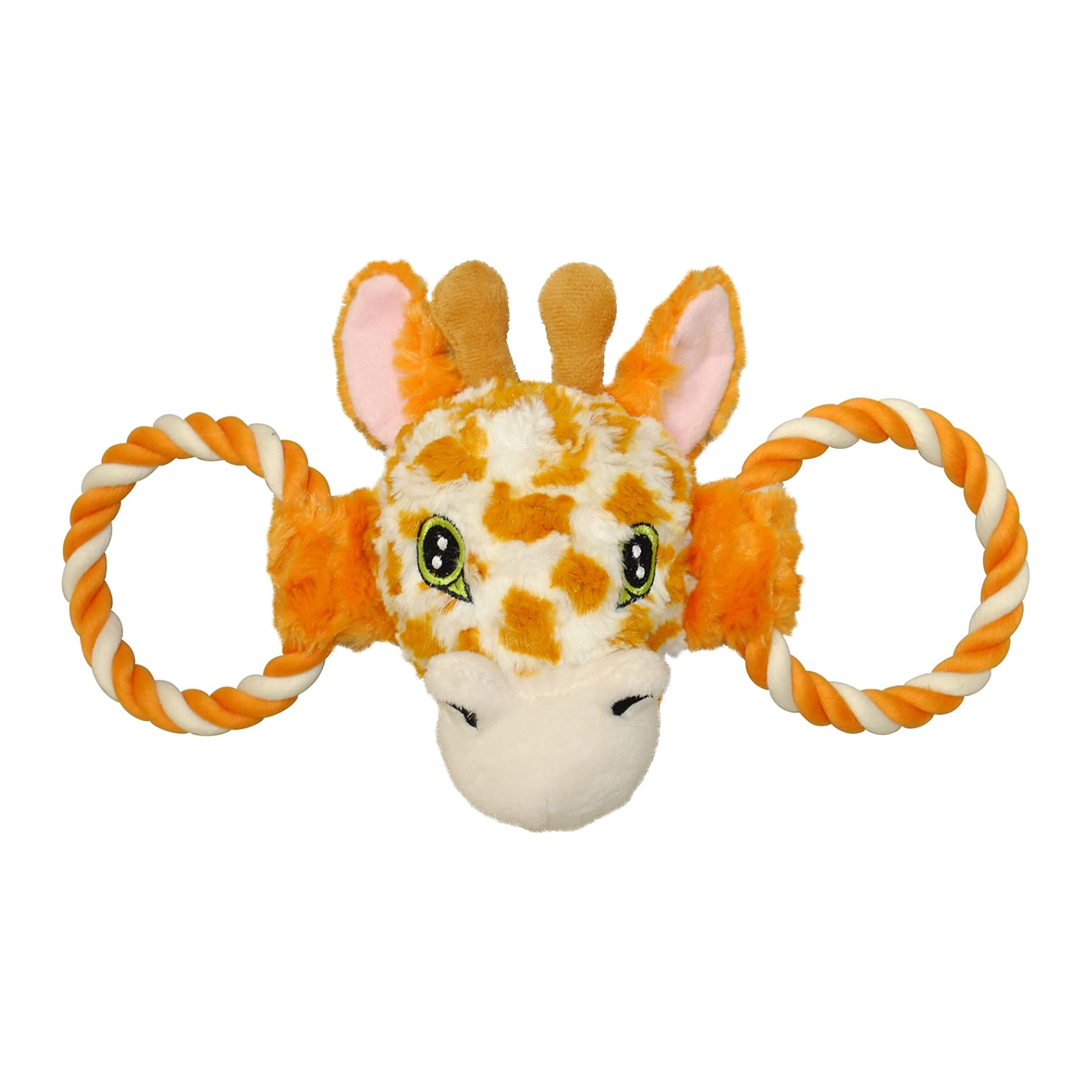 Plush giraffe toy with rope handles on a white background