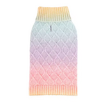 Pastel gradient knitted dog sweater on a white background