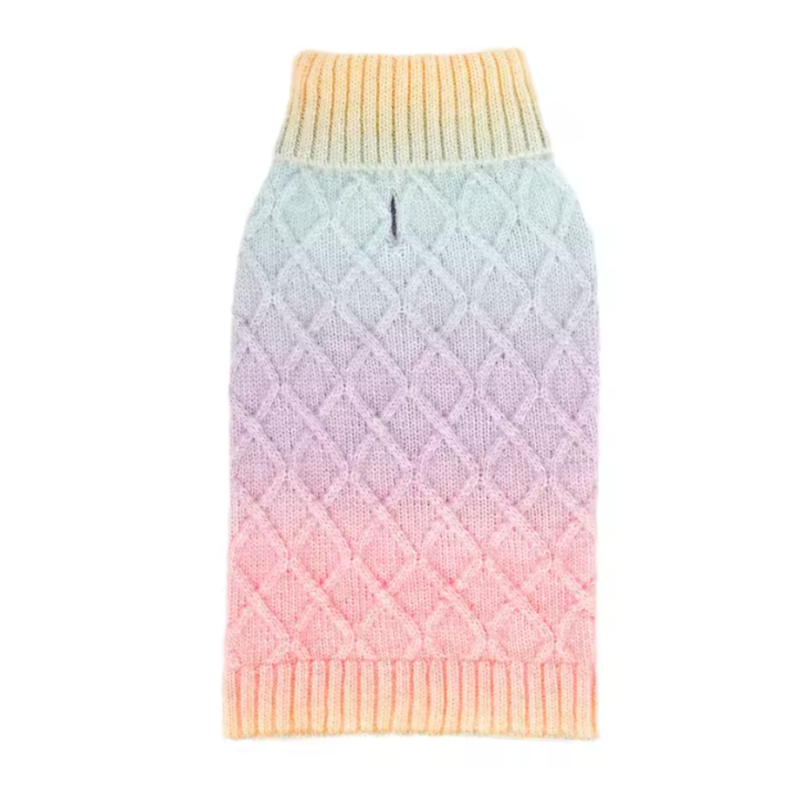 Pastel gradient knitted dog sweater on a white background