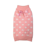 Pink polka dot dog sweater with a bow on a white background