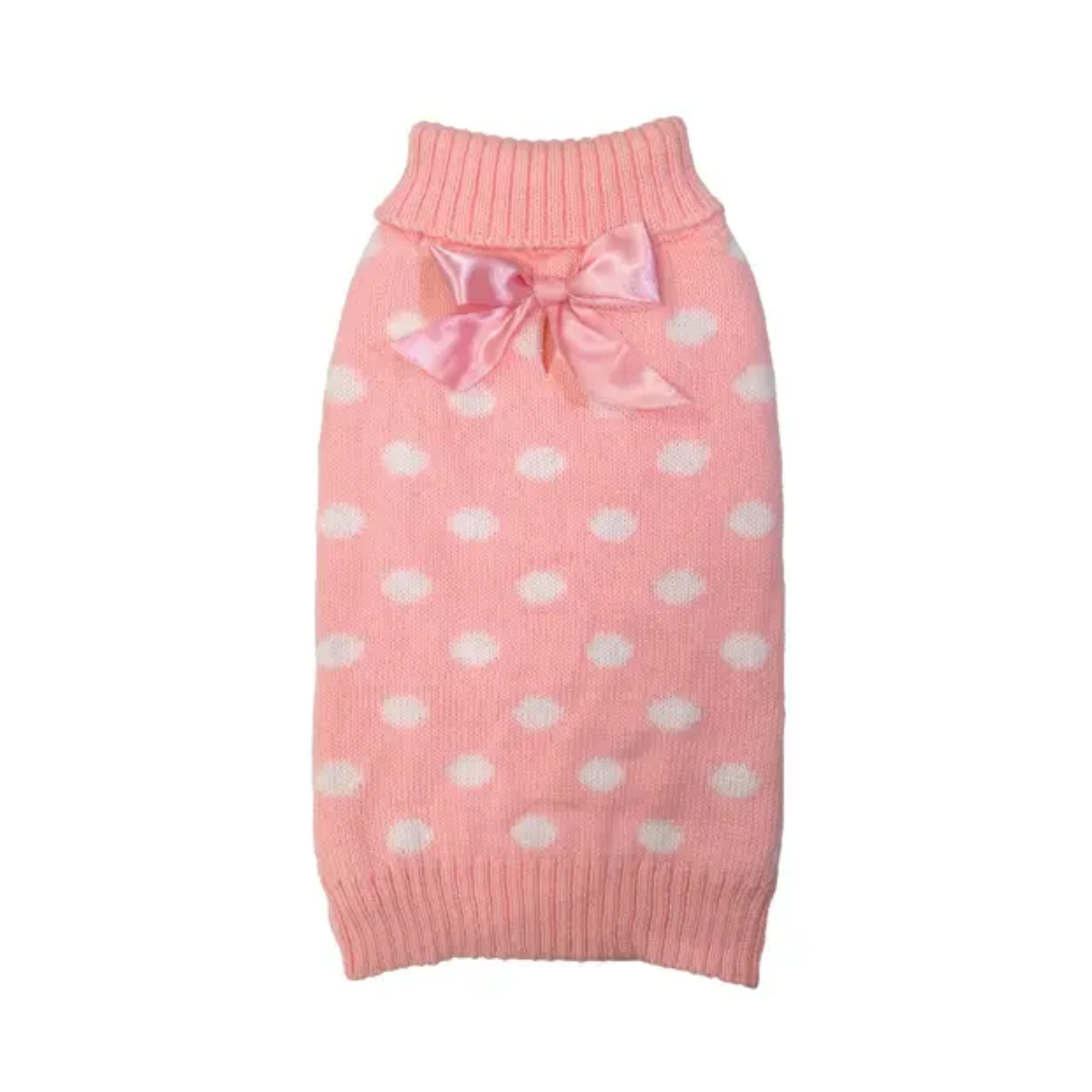 Pink polka dot dog sweater with a bow on a white background